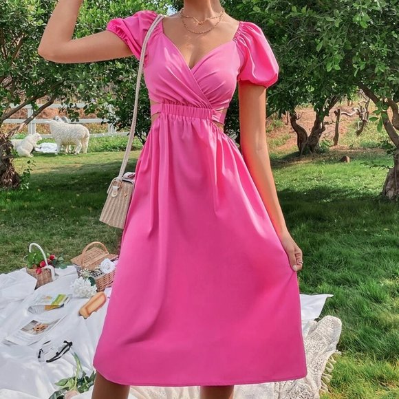 Pink Puff Sleeve Cut Out Waist Dress - Picture 4 of 6